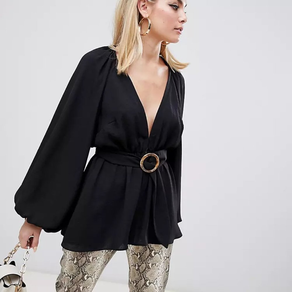 NEW ASOS Design Long Sleeve Plunge Top with Balloon Sleeve and Belt 12
